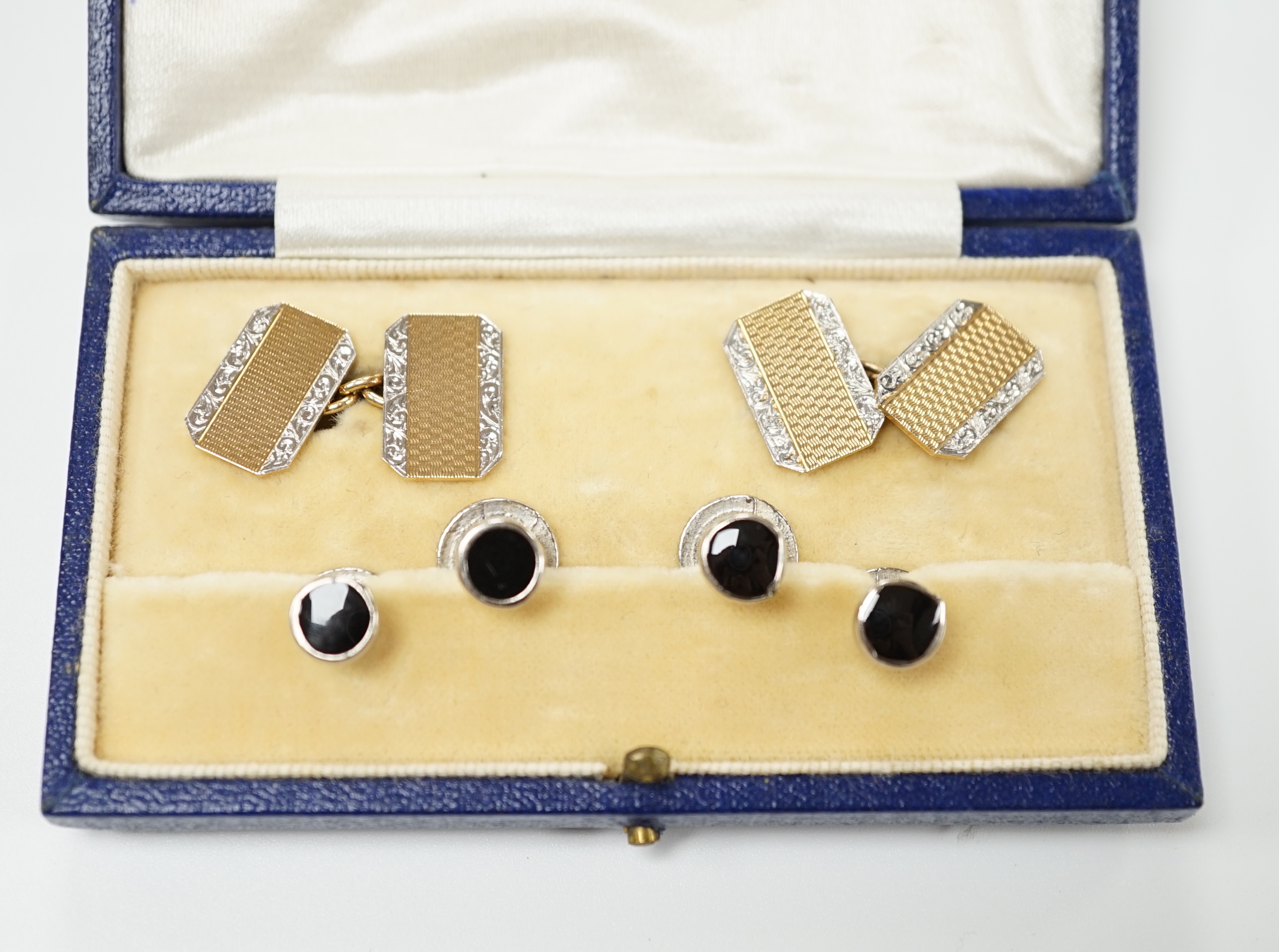 A pair of 1930's 9ct gold and plat, rectangular cufflinks, 15mm, gross 6.6 grams, together with four base metal dress studs.